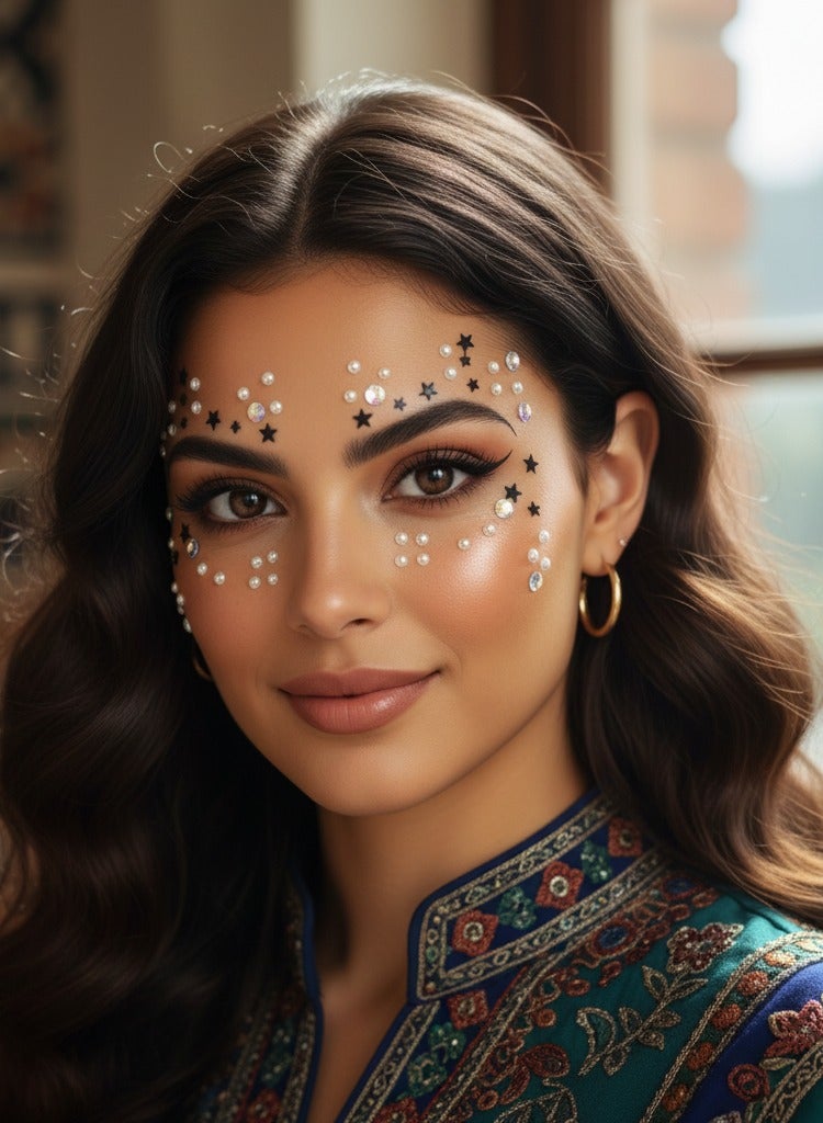 مافيك مجموعة ملصقات مجوهرات الوجه 5 قطع مع طقم أدوات (ملقط ومسحات كحولية) - ستيكرات كريستال وحجر الراين (نجوم، وسماوية، وملونة) لمكياج الحفلات والمهرجانات - Image 3