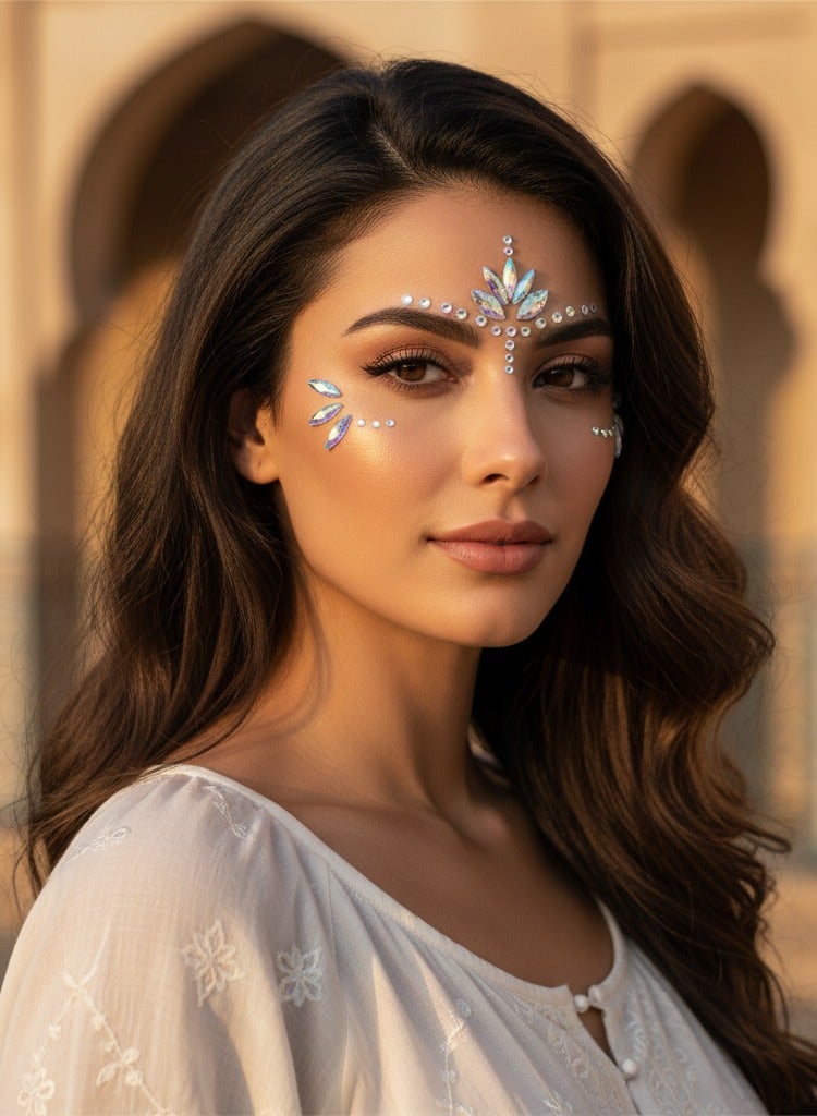 مافيك مجموعة ملصقات مجوهرات الوجه 5 قطع مع طقم أدوات (ملقط ومسحات كحولية) - ستيكرات كريستال وحجر الراين (نجوم، وسماوية، وملونة) لمكياج الحفلات والمهرجانات - Image 4