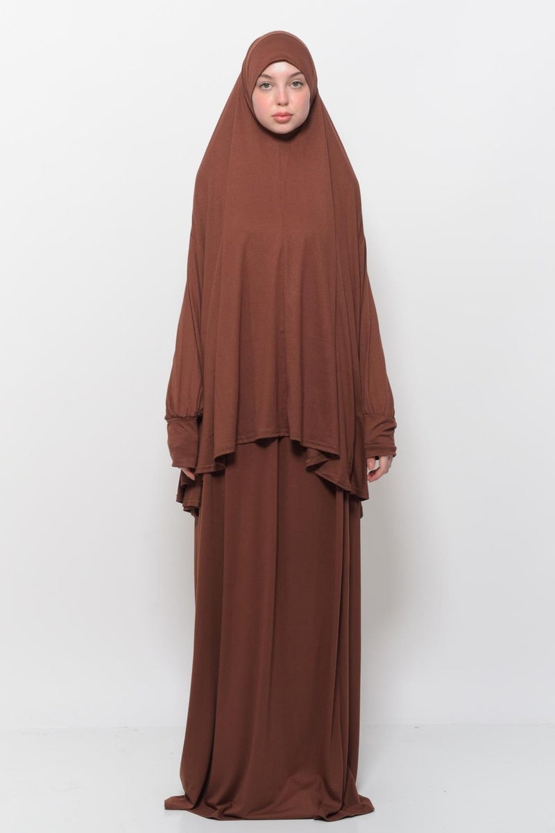 Altobeh Practical Two Piece Cotton Bat Sleeves with Headscarf Organic Hijab Prayer Dress - Chocolate  - Image 1