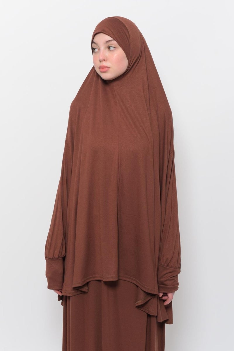 Altobeh Practical Two Piece Cotton Bat Sleeves with Headscarf Organic Hijab Prayer Dress - Chocolate  - Image 2
