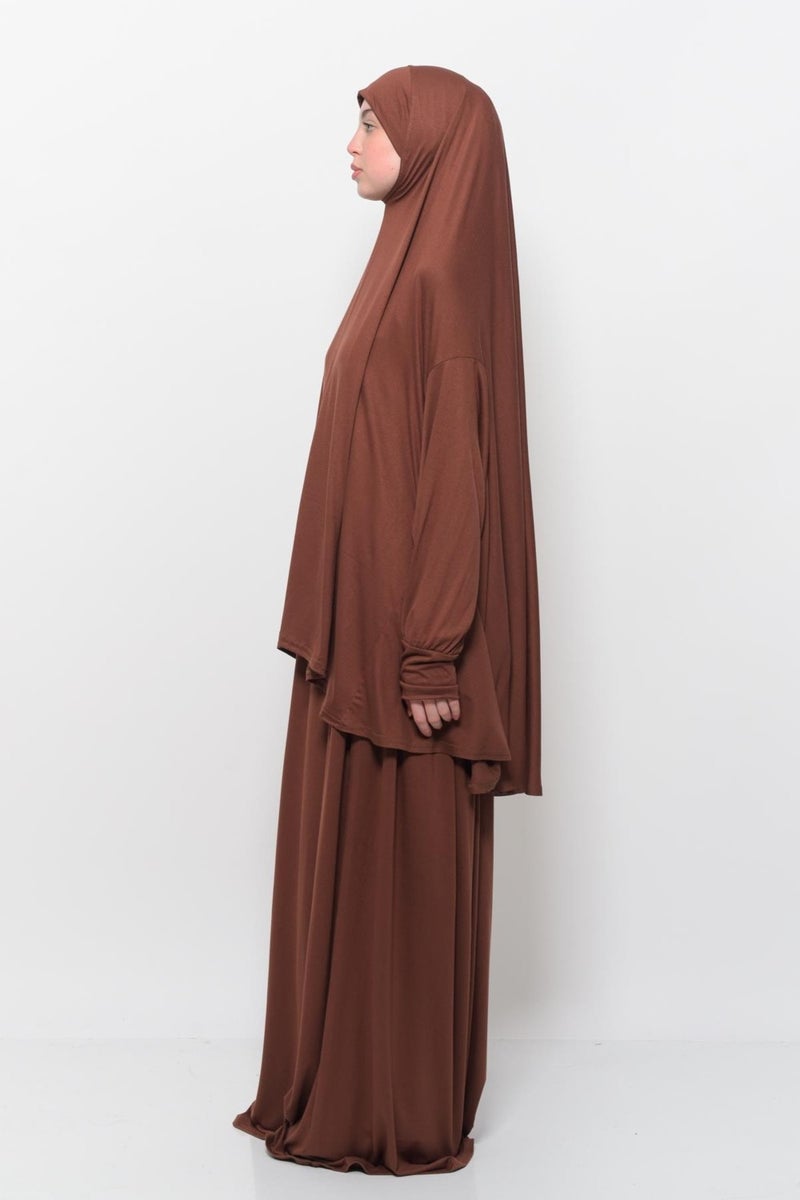 Altobeh Practical Two Piece Cotton Bat Sleeves with Headscarf Organic Hijab Prayer Dress - Chocolate  - Image 3