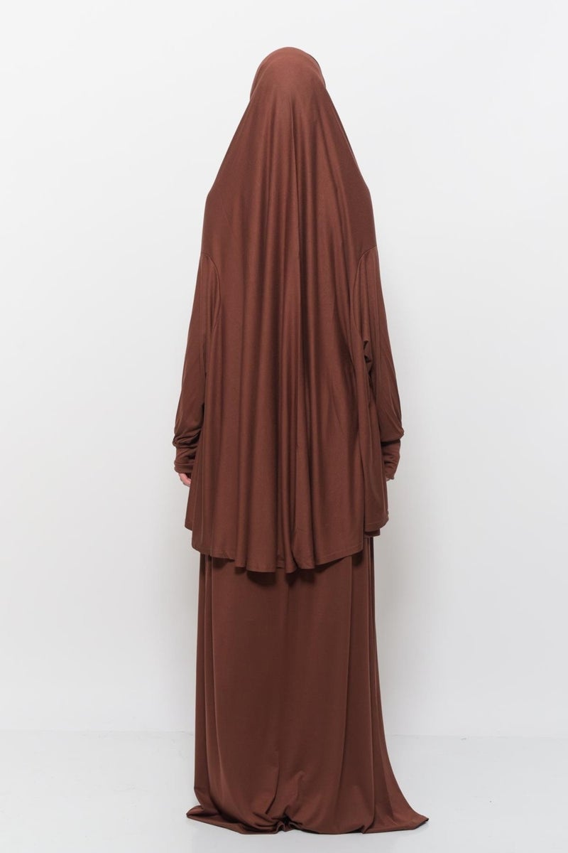 Altobeh Practical Two Piece Cotton Bat Sleeves with Headscarf Organic Hijab Prayer Dress - Chocolate  - Image 4