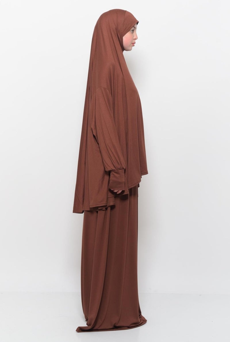 Altobeh Practical Two Piece Cotton Bat Sleeves with Headscarf Organic Hijab Prayer Dress - Chocolate  - Image 5
