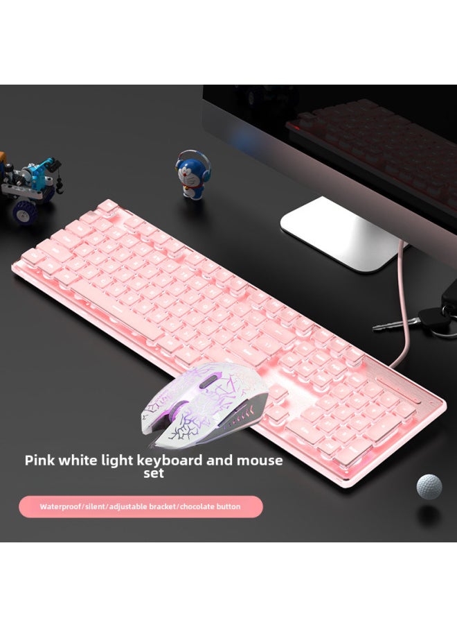 Generic Ultra-Thin Wired Mechanical Keyboard Waterproof Silent For Gaming Office Desktop Laptop Universal Metal Material With Stand-Color:Mouse And Keyboard Suit: Pink White White 6 Key Wrangler Mouse  - Image 1