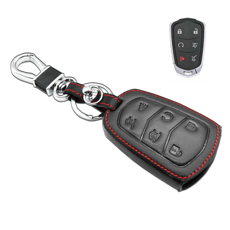 MECHCOS Compatible with Cadillac SRX ATS CT6 CTS XT5 XTS Escalade ESV Key fob Cover Case 6 Buttons Leather Shell Holder