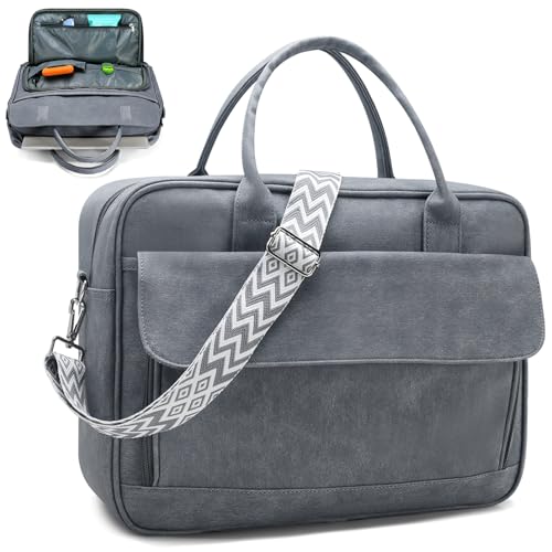 SUCIKORIO Teacher Tote Bag for Women 17inch PU Leather Laptop Briefcase Nurse Bags Professional Work Computer Bags Large Messenger Office Bag For Nursing, School, College, Gray - Image 1