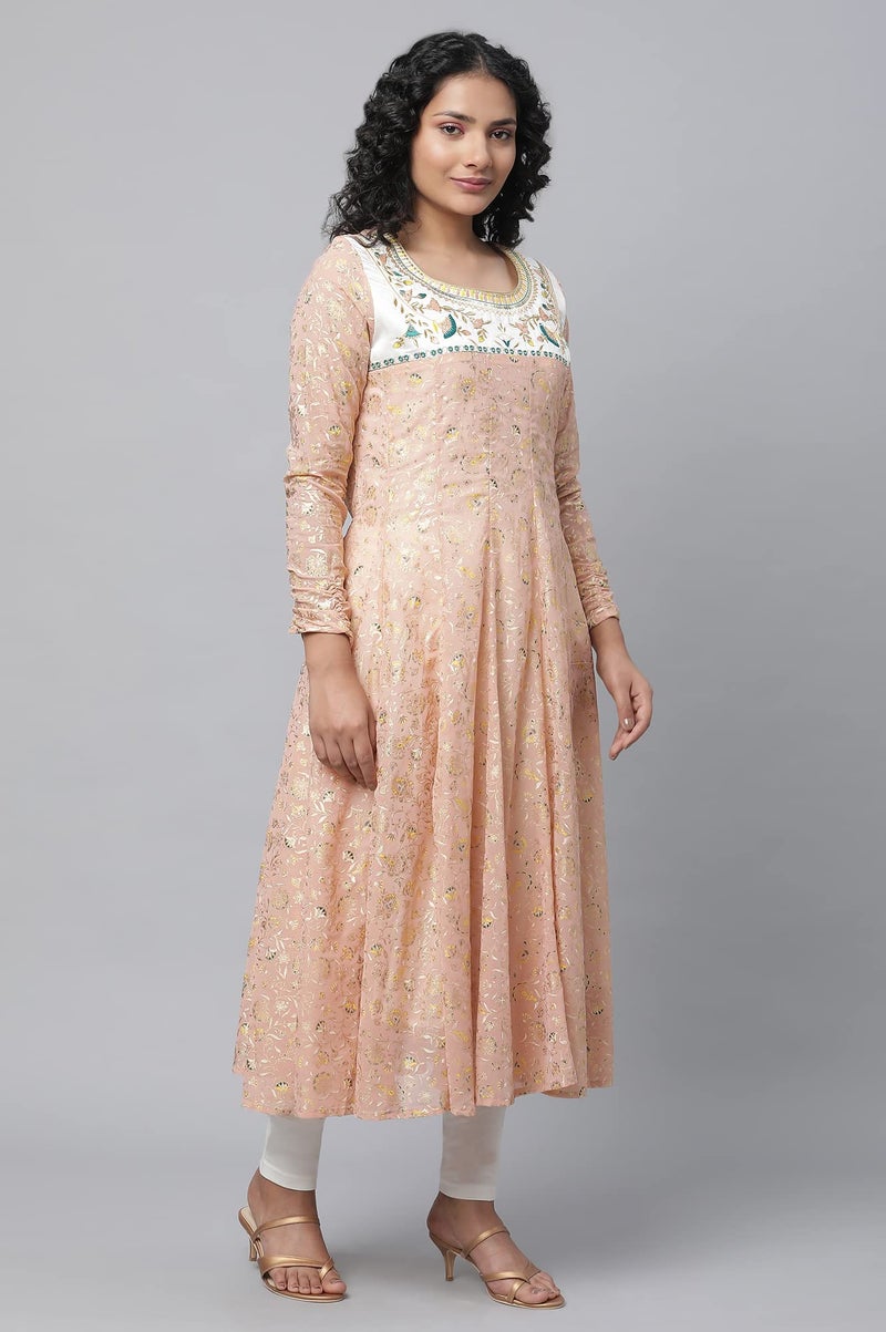 Aurelia Peach Floral Printed Foil Embellished Kurta Dupatta Bottomwear - Image 4