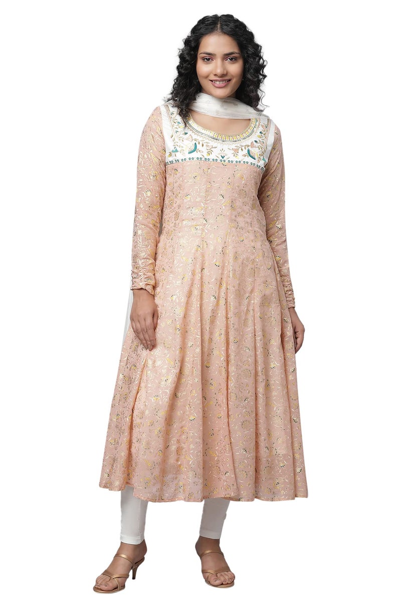 Aurelia Peach Floral Printed Foil Embellished Kurta Dupatta Bottomwear - Image 1