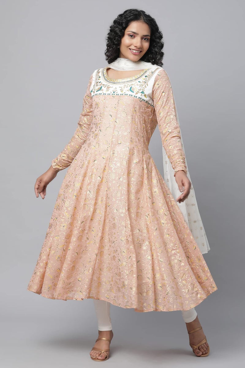 Aurelia Peach Floral Printed Foil Embellished Kurta Dupatta Bottomwear - Image 5