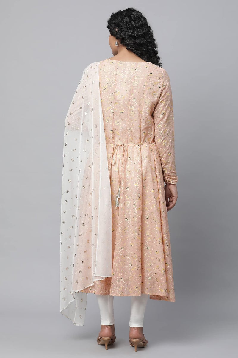 Aurelia Peach Floral Printed Foil Embellished Kurta Dupatta Bottomwear - Image 2