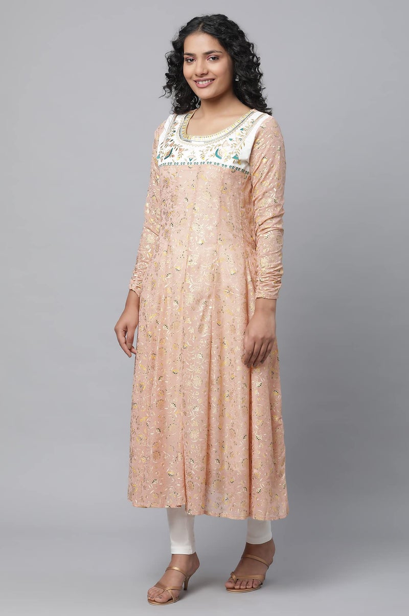 Aurelia Peach Floral Printed Foil Embellished Kurta Dupatta Bottomwear - Image 3