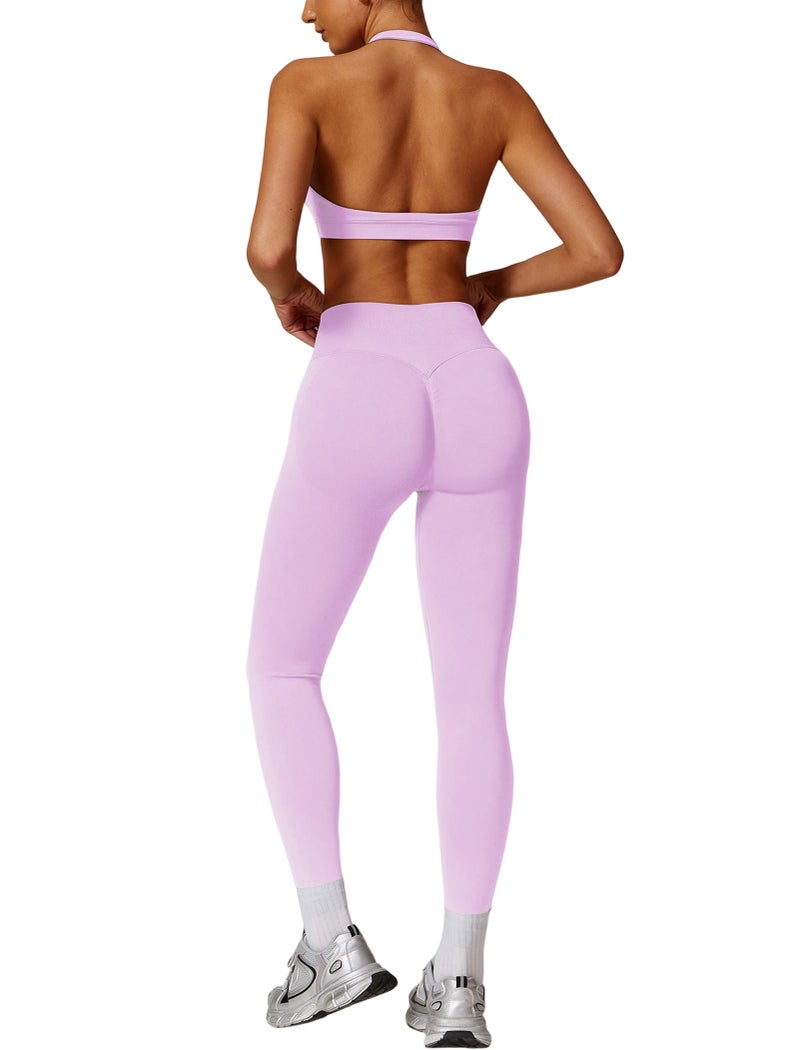 ABOCIW Workout Sets for Women Seamless High Waist Scrunch Butt Lifting Gym Leggings Yoga Pants Halter Sports Bra Yoga Exercise 2 Piece Outfits Pink Small