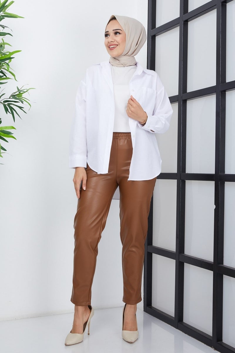Leather Skinny Leg Pocket Trousers Tan