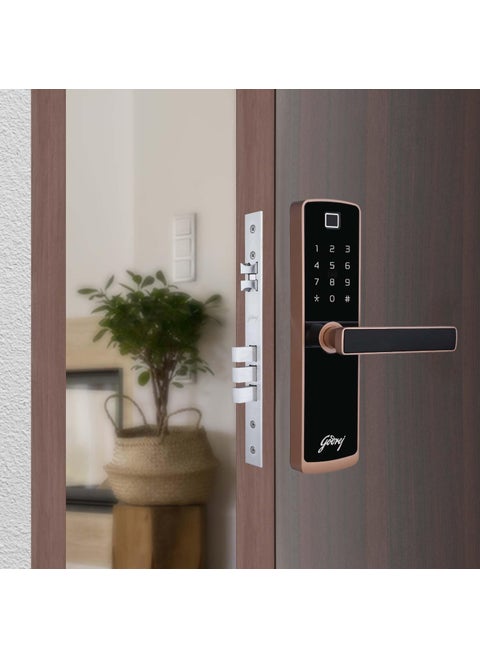 Godrej Smart Lock I Catus Connect I Digital Lock for Wooden Door 5 in 1 Access I WiFi I Fingerprint I RFID I PIN Access I Mechanical Key I 3 Strong Locking Dead Bolts I Rose Gold I 3 Yr Warranty