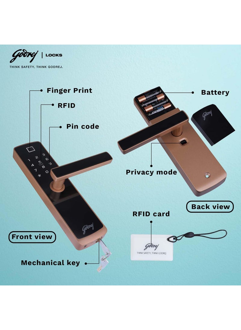 Godrej Smart Lock I Catus Connect I Digital Lock for Wooden Door 5 in 1 Access I WiFi I Fingerprint I RFID I PIN Access I Mechanical Key I 3 Strong Locking Dead Bolts I Rose Gold I 3 Yr Warranty