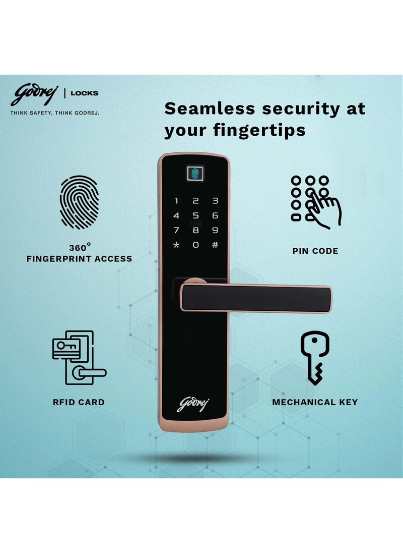 Godrej Smart Lock I Catus Connect I Digital Lock for Wooden Door 5 in 1 Access I WiFi I Fingerprint I RFID I PIN Access I Mechanical Key I 3 Strong Locking Dead Bolts I Rose Gold I 3 Yr Warranty