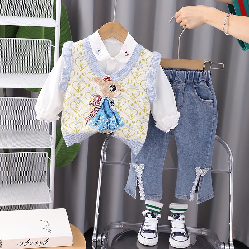 Girls Childrens Wear Autumn New Fashion Love suit Vest Long Sleeve Casual Trousers Three-Piece Trendy light blue
