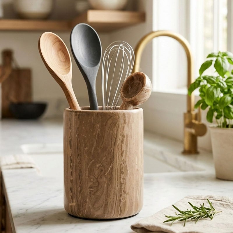 RADICALn Marble Utensil Holder 4.5"x4.5"x6.5" Inch Handmade Kitchen Utensils set organizer - flatware chopstick Canister Utensil Holders – Spoon Caddy For Countertop & Home Accessories (Wood Marble) - Image 4