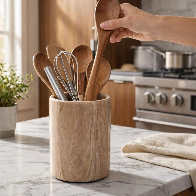 RADICALn Marble Utensil Holder 4.5"x4.5"x6.5" Inch Handmade Kitchen Utensils set organizer - flatware chopstick Canister Utensil Holders – Spoon Caddy For Countertop & Home Accessories (Wood Marble) - Image 2