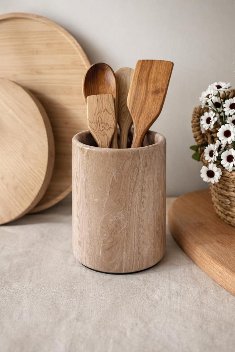 RADICALn Marble Utensil Holder 4.5"x4.5"x6.5" Inch Handmade Kitchen Utensils set organizer - flatware chopstick Canister Utensil Holders – Spoon Caddy For Countertop & Home Accessories (Wood Marble) - Image 3