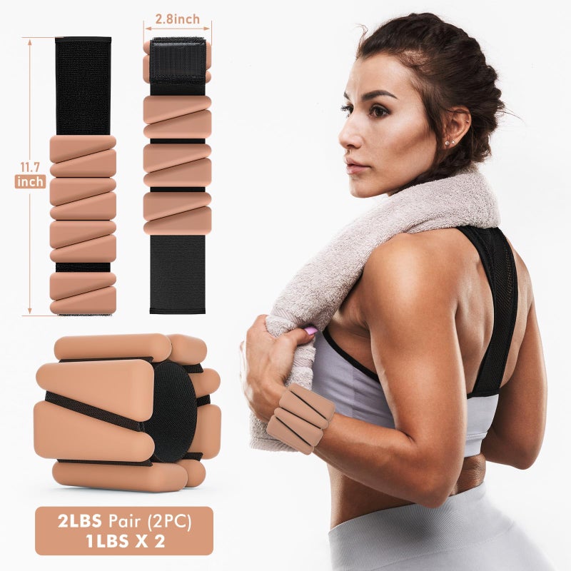 WUSOPU Wrist Weights, Ankle Weights for Women Men, Adjustable Wrist Weighted Bracelet for Home Gym Workout, Running, Yoga, Exercise, Strength Training, Set of 2 (1LB Each)-Light Brown - Image 2