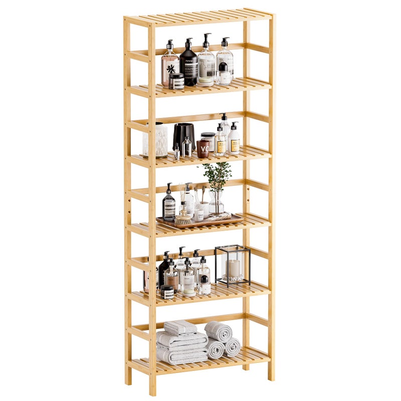 HITNET Bamboo Shelf, 6-Tier Adjustable Tall Open Bookcase, Bathroom Storage Rack Freestanding Shelving Unit, Plant Display Stand for Small Space, Natural - Image 1