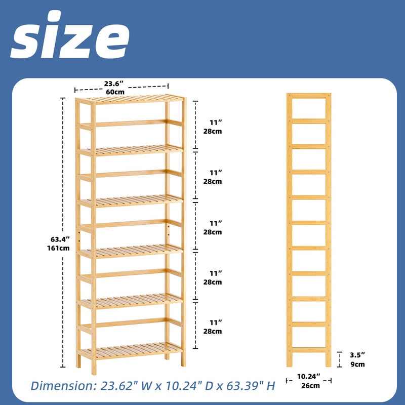 HITNET Bamboo Shelf, 6-Tier Adjustable Tall Open Bookcase, Bathroom Storage Rack Freestanding Shelving Unit, Plant Display Stand for Small Space, Natural - Image 3