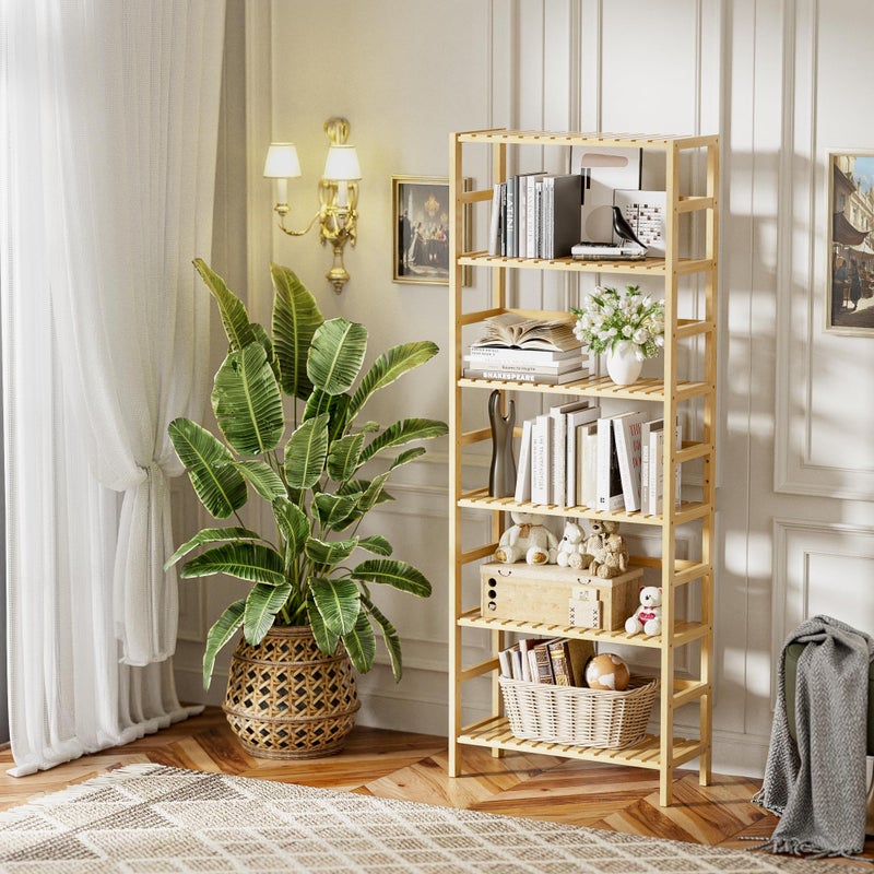 HITNET Bamboo Shelf, 6-Tier Adjustable Tall Open Bookcase, Bathroom Storage Rack Freestanding Shelving Unit, Plant Display Stand for Small Space, Natural - Image 2