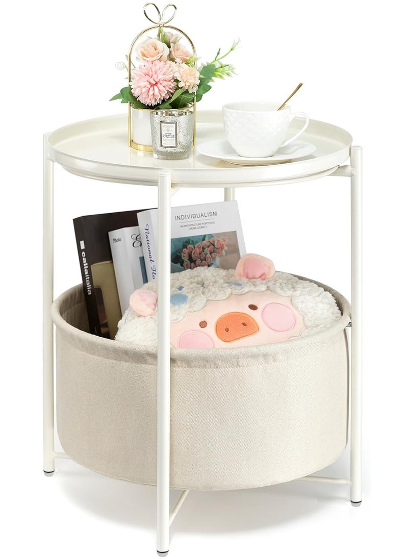 Arabest - Round Side Table with Fabric Storage Basket, Metal Small Bedside Table Nightstand with Removable Tray Top for Living Room, Bedroom, Nursery, Laundry, White - Image 1