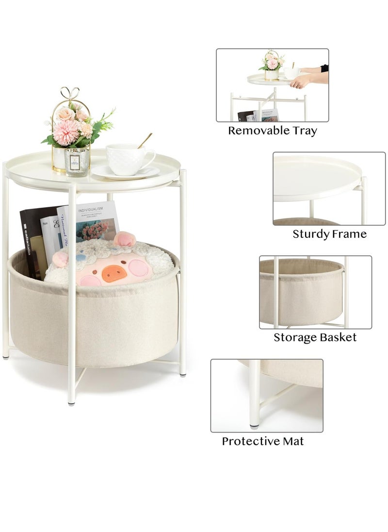 Arabest - Round Side Table with Fabric Storage Basket, Metal Small Bedside Table Nightstand with Removable Tray Top for Living Room, Bedroom, Nursery, Laundry, White - Image 1