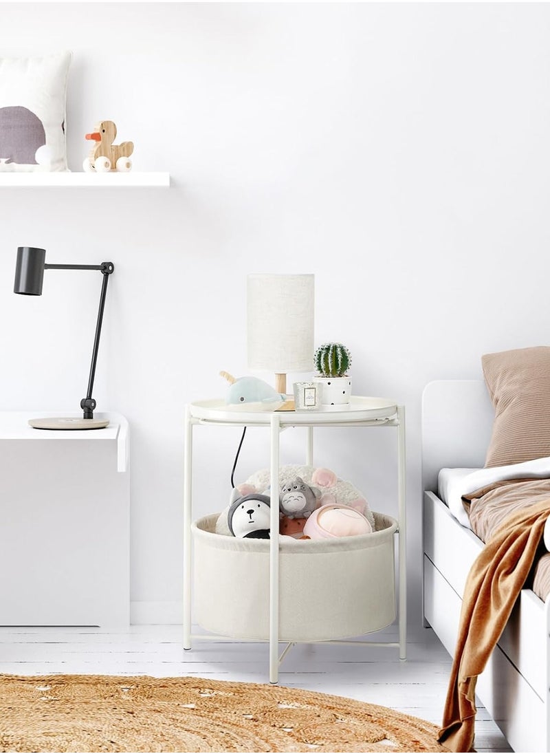 Arabest - Round Side Table with Fabric Storage Basket, Metal Small Bedside Table Nightstand with Removable Tray Top for Living Room, Bedroom, Nursery, Laundry, White - Image 1