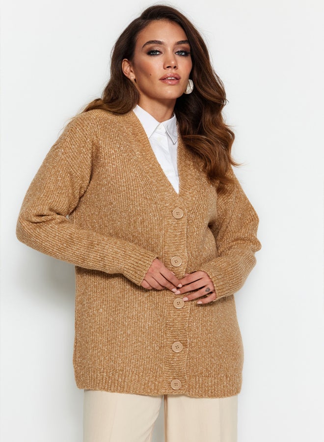trendyol Beige Buttoned V Neck Soft Knitwear Cardigan - Image 1