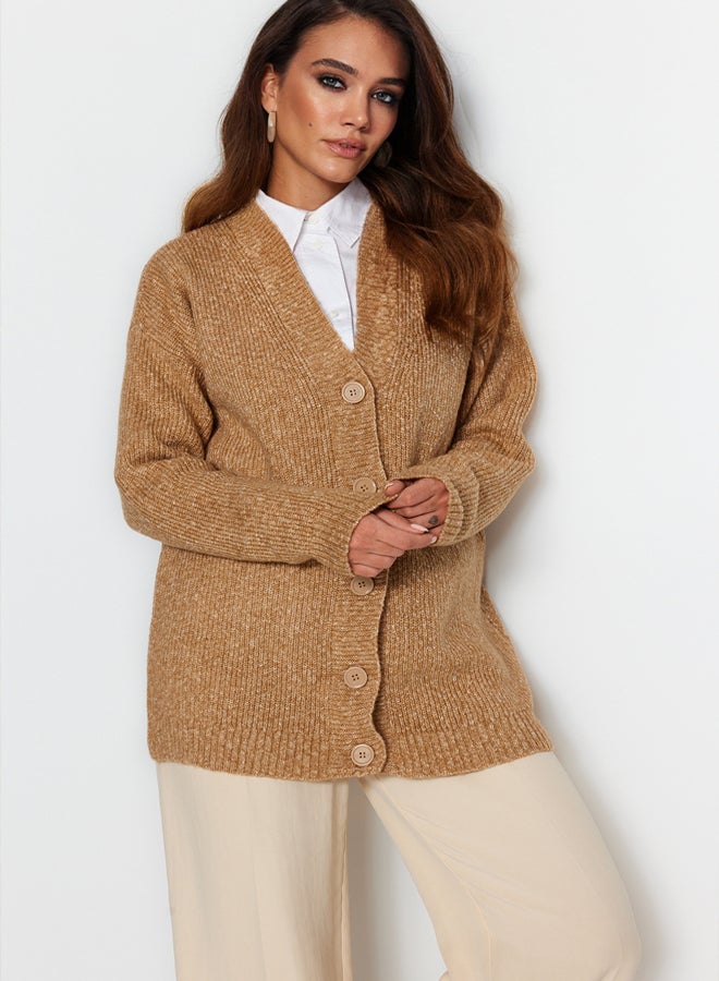trendyol Beige Buttoned V Neck Soft Knitwear Cardigan - Image 2