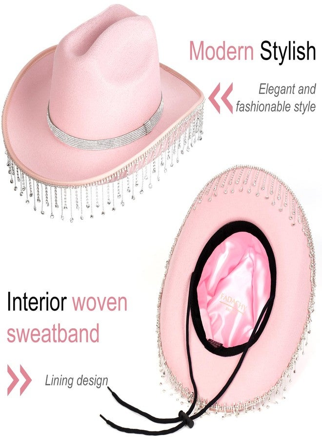 FADACHY Cowboy Hats for Women Rhinestone Felt Cowgirl Hat Wide Brim Western Hat, Pink Cowboy Hats - Image 3