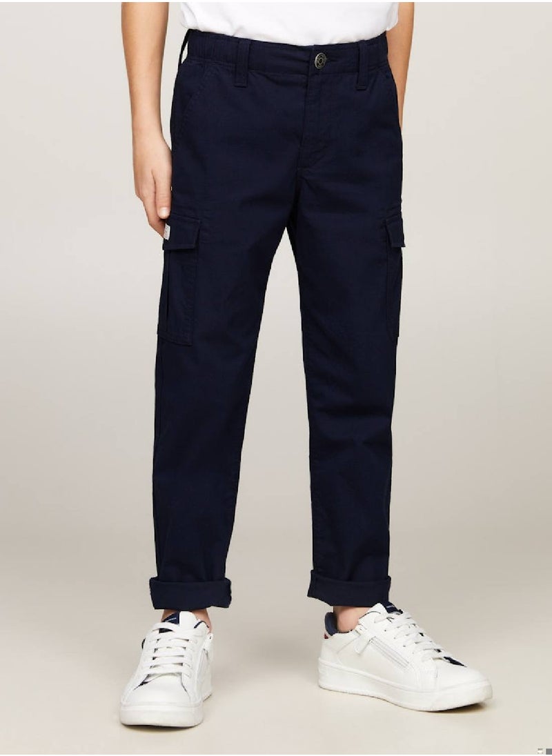 TOMMY HILFIGER - Boys' Hilfiger Monotype Straight Leg Cargo Trousers -  Stretch organic cotton, Blue - Image 1