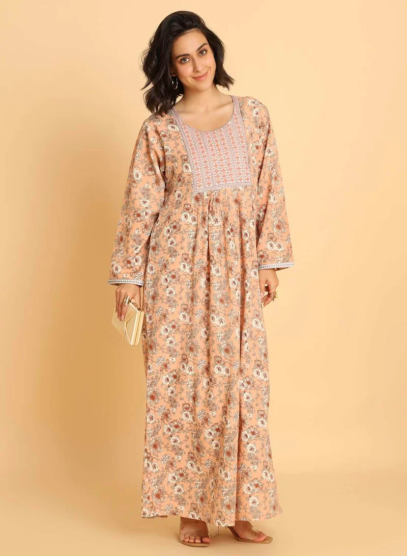 HANA & SARA Traditional Arabic Jalabiya with Floral Print - Modest Maxi Dress
