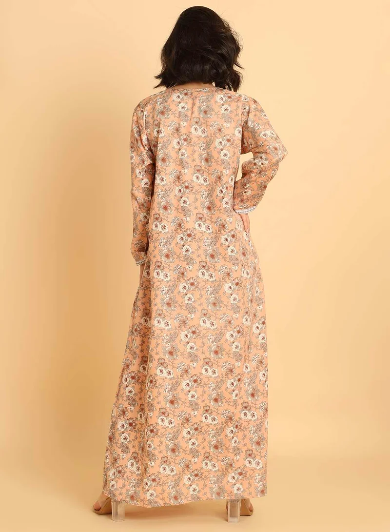 HANA & SARA Traditional Arabic Jalabiya with Floral Print - Modest Maxi Dress