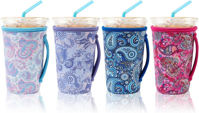 KJQJLY 4 Pack Iced Coffee Sleeve,reusable Neoprene Cup Sleeves Suitable For Beverage Sleeves For Hot And Cold Coffee Or Ice Drink Coffee cup sleeve for Starbucks coffee cup (Paisley 20-24 OZ) - Image 1