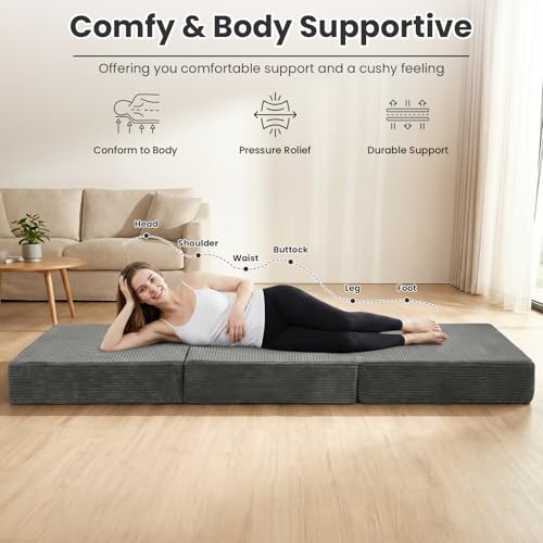 Erament 6-Inch Tri-Fold Mattress Full Size, Covertible Sofa Bed Foldable Futon Mattress with Handles & Non-Slip Bottom, Removable Machine Washable Corduroy Cover for Guest, Camping, Dorm - Image 5