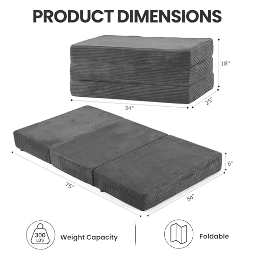 Erament 6-Inch Tri-Fold Mattress Full Size, Covertible Sofa Bed Foldable Futon Mattress with Handles & Non-Slip Bottom, Removable Machine Washable Corduroy Cover for Guest, Camping, Dorm - Image 2