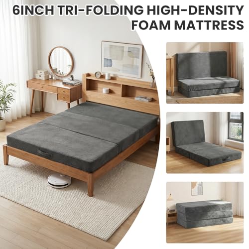 Erament 6-Inch Tri-Fold Mattress Full Size, Covertible Sofa Bed Foldable Futon Mattress with Handles & Non-Slip Bottom, Removable Machine Washable Corduroy Cover for Guest, Camping, Dorm - Image 3