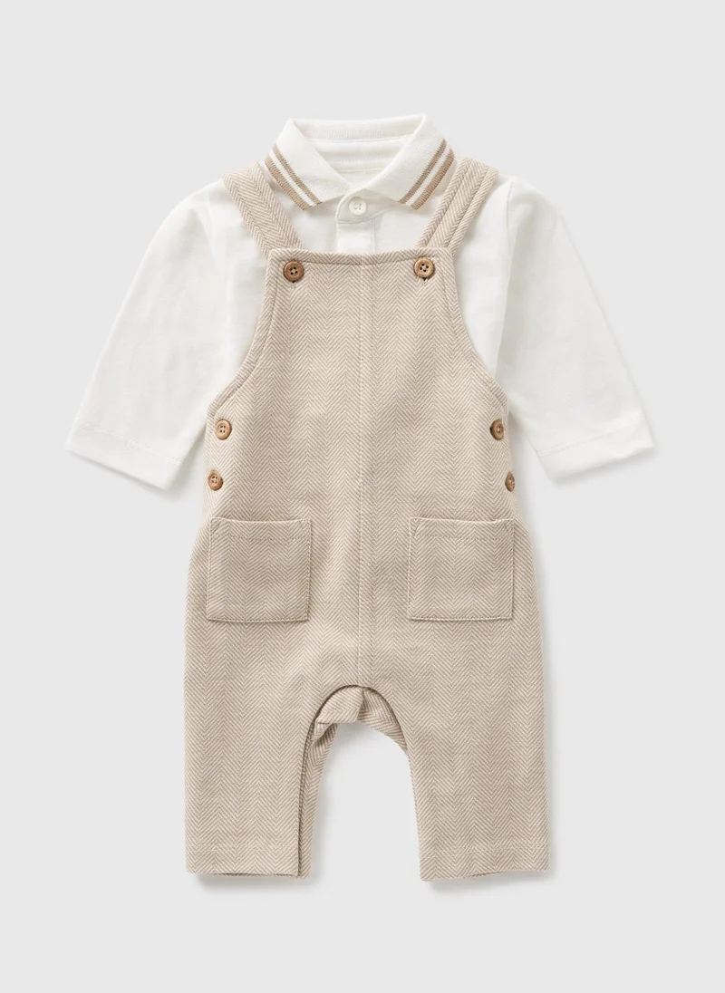 Matalan Baby Beige Herringbone Polo & Dungaree Set