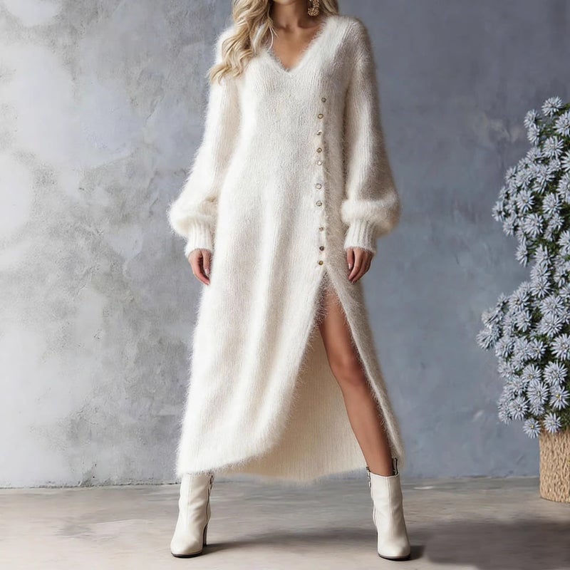 V Neck Loose Split Midi Dress Plus Size Women Casual - Image 1