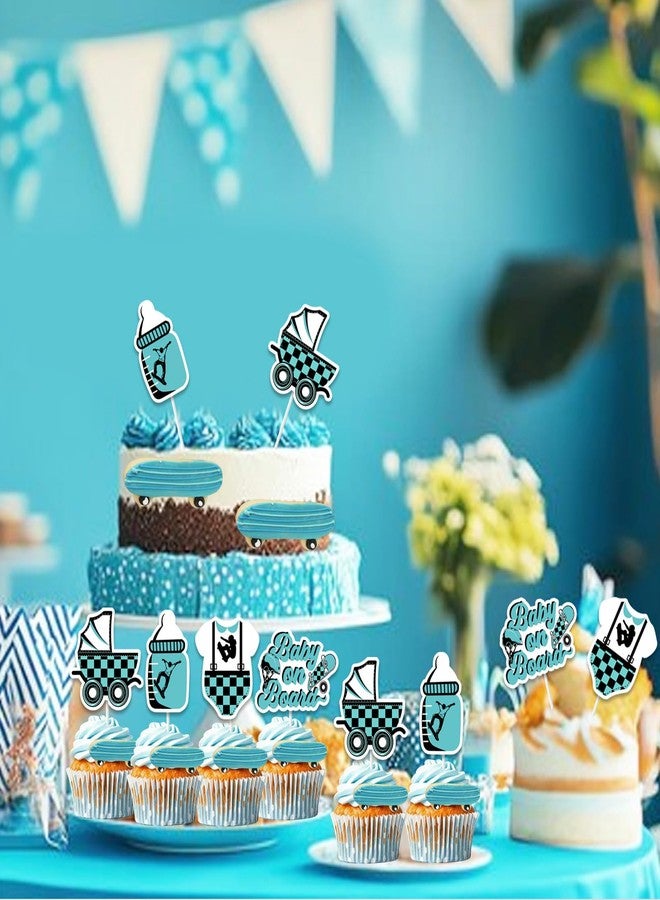 Balterever Skateboard Baby Shower Decorations 24PCS Blue Baby on Board Baby Shower Cupcake Toppers for Boys - Image 4