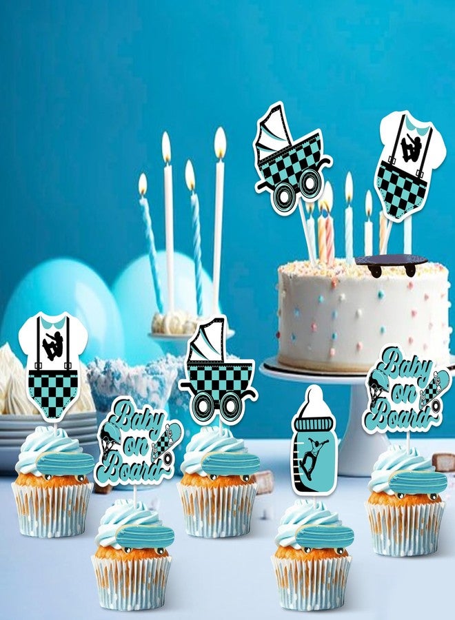 Balterever Skateboard Baby Shower Decorations 24PCS Blue Baby on Board Baby Shower Cupcake Toppers for Boys - Image 3