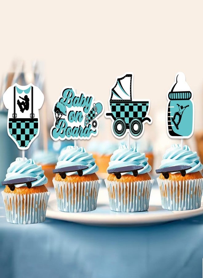 Balterever Skateboard Baby Shower Decorations 24PCS Blue Baby on Board Baby Shower Cupcake Toppers for Boys - Image 2