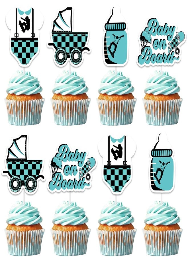 Balterever Skateboard Baby Shower Decorations 24PCS Blue Baby on Board Baby Shower Cupcake Toppers for Boys - Image 1