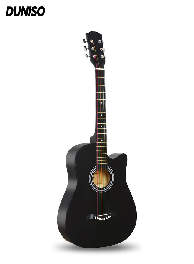 DUNISO غيتار 38 بوصة مع مجموعة ملحقات، غيتار أكوستيك خشبي، غيتار كامل الحجم مع حقيبة، ريش، أوتار، كابو، حزام، صندوق تخزين ريش، قطعة قماش للتنظيف، للمبتدئين/البالغين/الأطفال، أسود - Image 1