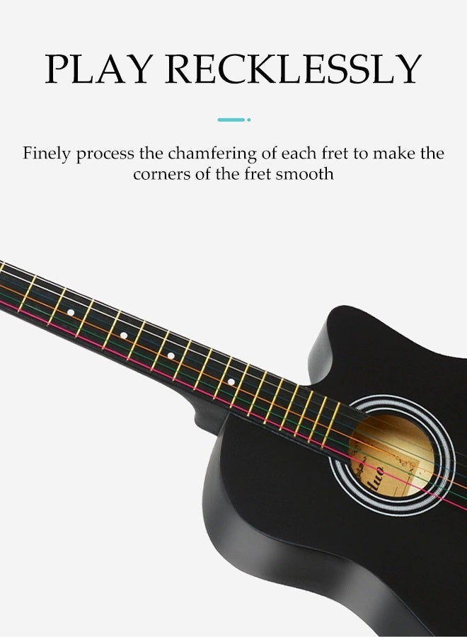 DUNISO غيتار 38 بوصة مع مجموعة ملحقات، غيتار أكوستيك خشبي، غيتار كامل الحجم مع حقيبة، ريش، أوتار، كابو، حزام، صندوق تخزين ريش، قطعة قماش للتنظيف، للمبتدئين/البالغين/الأطفال، أسود - Image 3