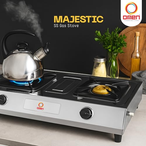 Omen Changing Lives Majestic 2-Burner Gas Stove | Manual Ignition | Stainless Steel Body | High-Efficiency Brass Burners | Skid-Proof Legs | ISI Certified | 1-Year Warranty - Image 2